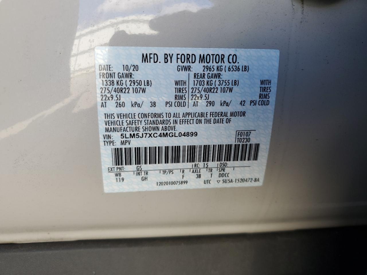 2021 Lincoln Aviator VIN 5LM5J7XC4MGL04899 Copart auction photo, rear end / side damage thumbnail 13
