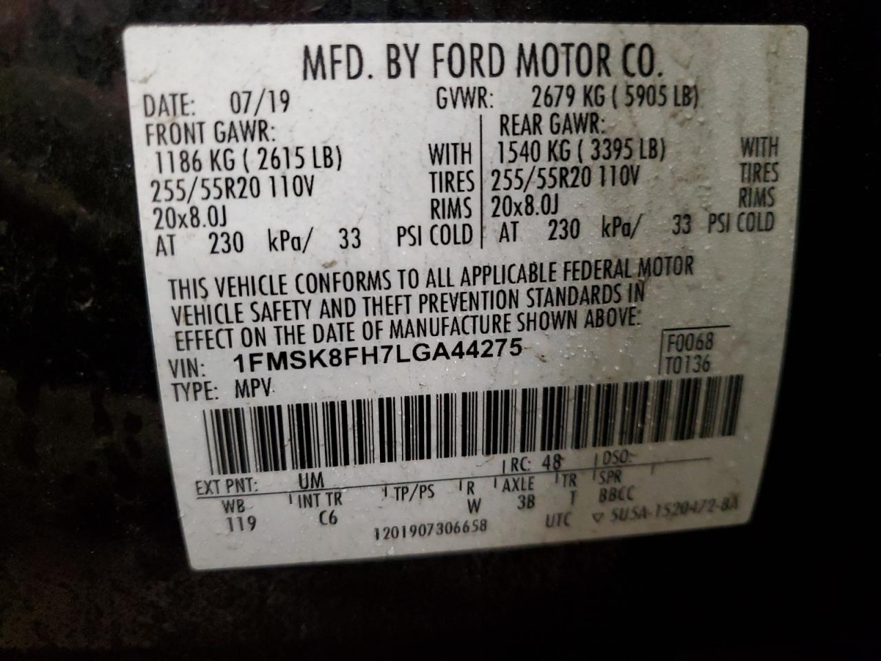 2020 Ford Explorer VIN 1FMSK8FH7LGA44275 Copart auction photo, front end damage thumbnail 16