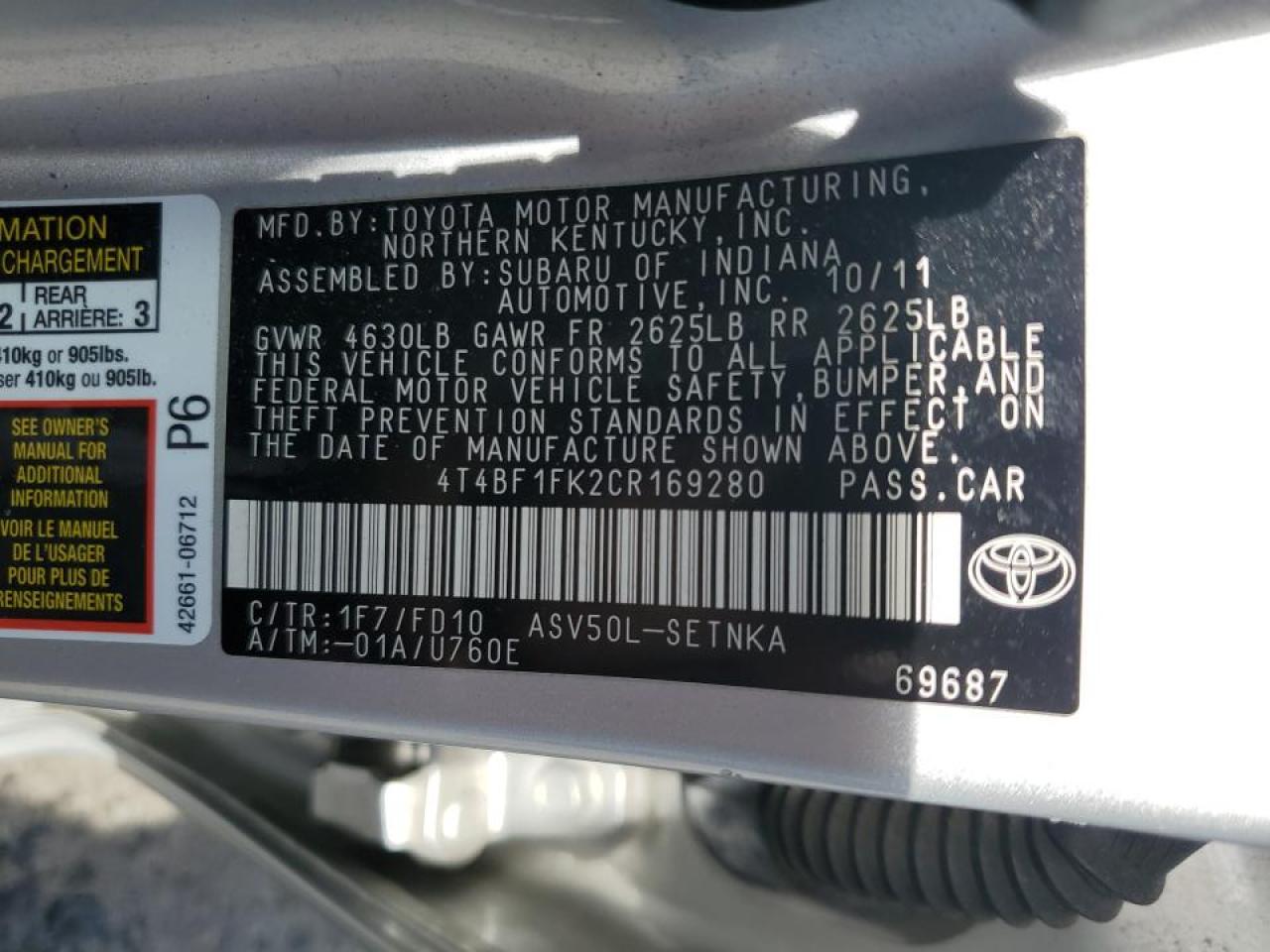 2012 Toyota Camry VIN 4T4BF1FK2CR169280 Copart auction photo, front end damage thumbnail 12
