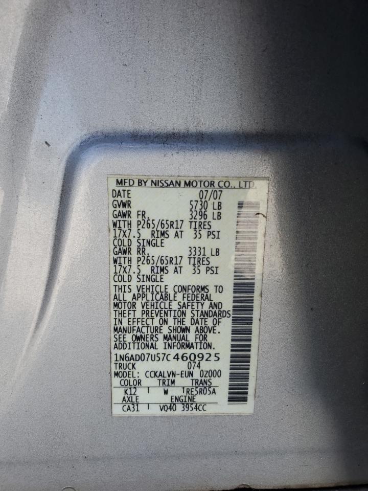 2007 Nissan Navara (Frontier) VIN 1N6AD07U57C460925 Copart auction photo, front end damage thumbnail 12