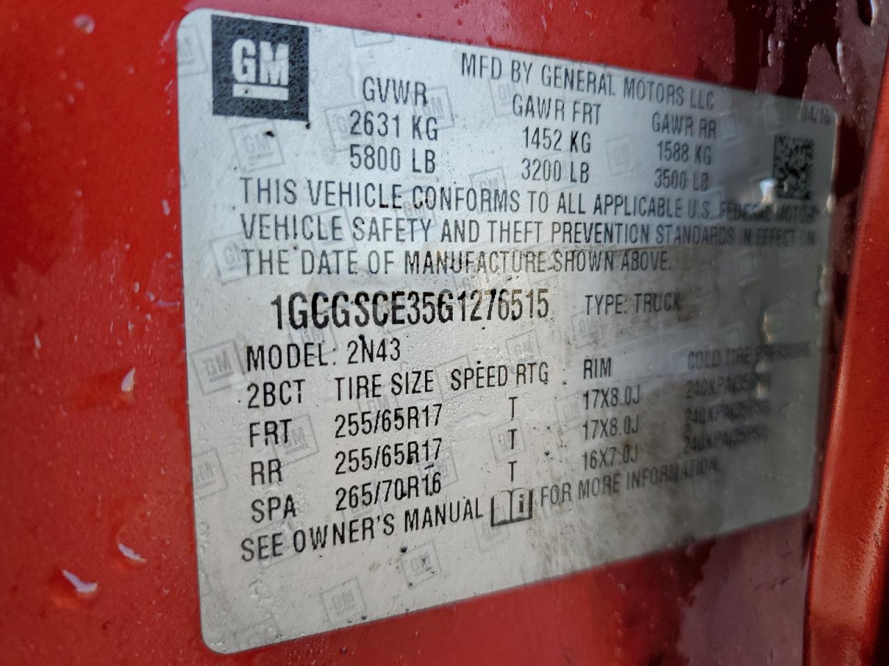2016 Chevrolet Colorado VIN 1GCGSCE35G1276515 Copart auction photo, front end / side damage thumbnail 12