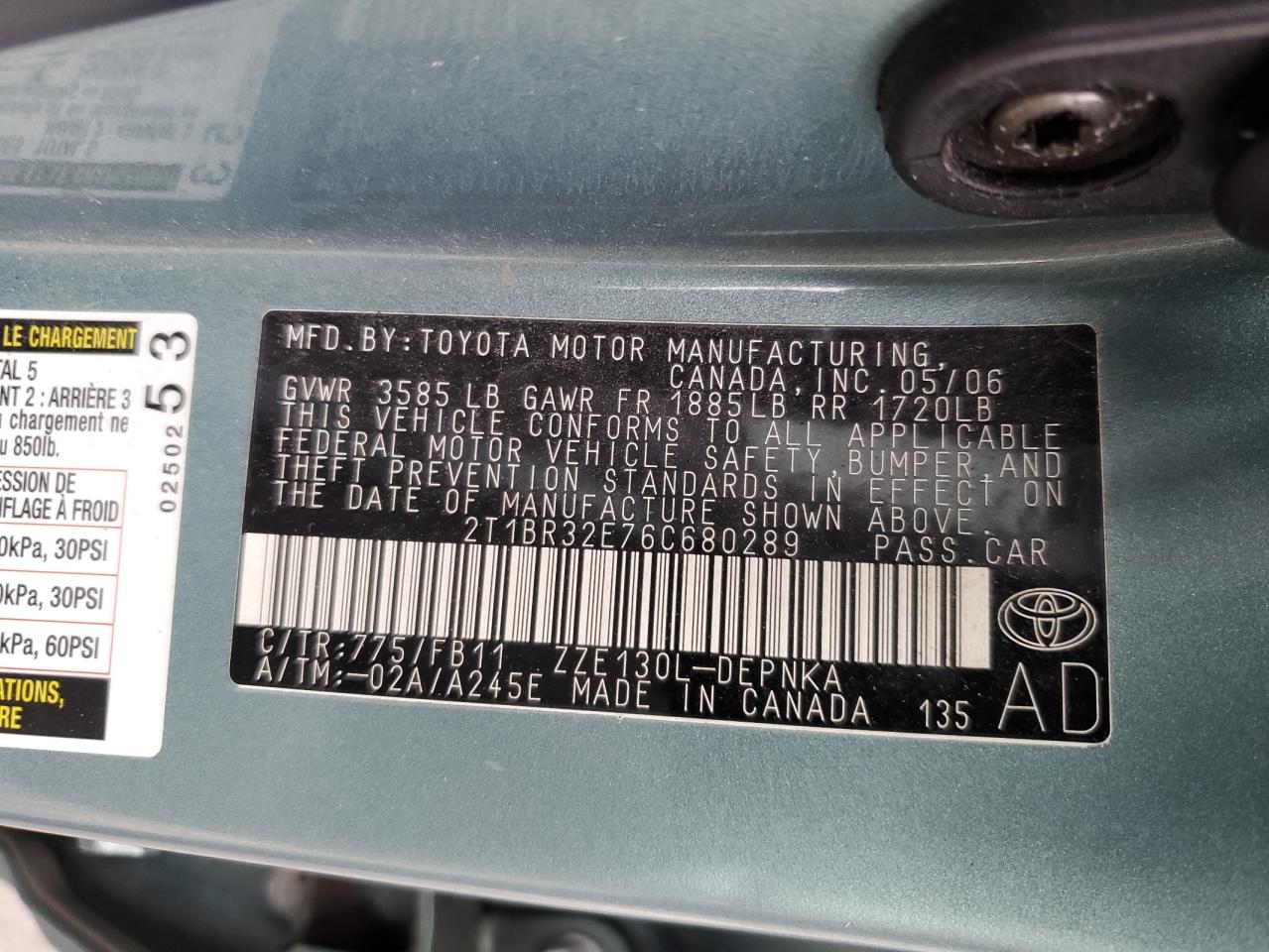2006 Toyota Corolla VIN 2T1BR32E76C680289 Copart auction photo, rear end damage thumbnail 12