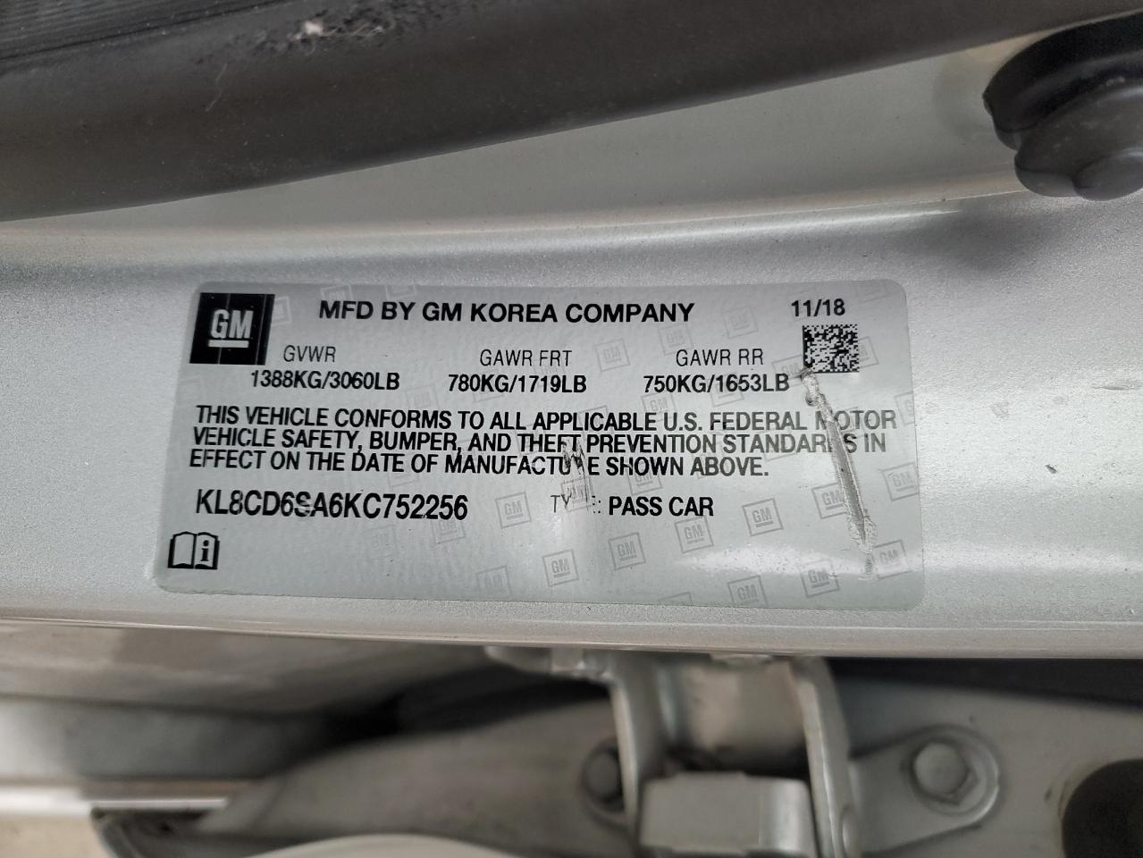2019 Chevrolet Spark VIN KL8CD6SA6KC752256 Copart auction photo, front end / rear end damage thumbnail 15