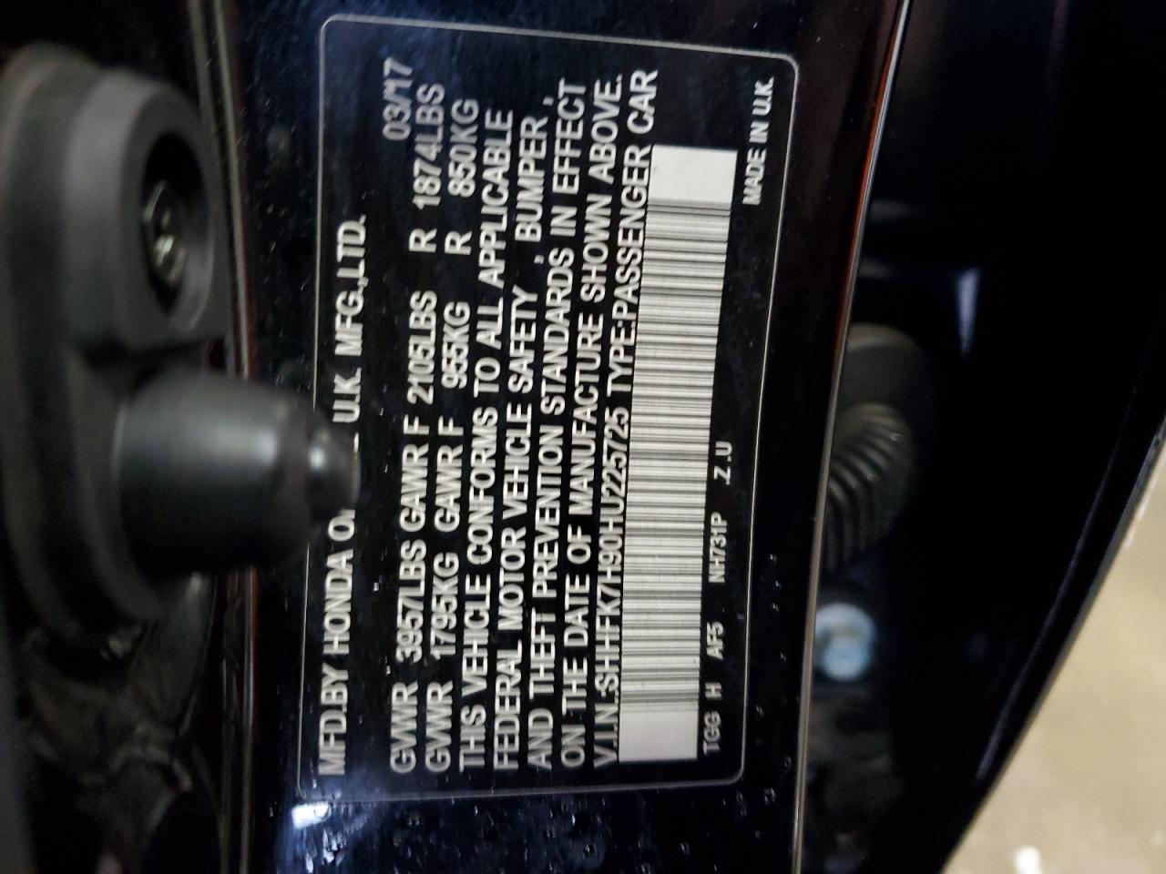 2017 Honda Civic VIN SHHFK7H90HU225725 Copart auction photo, side / minor dent/scratches damage thumbnail 12