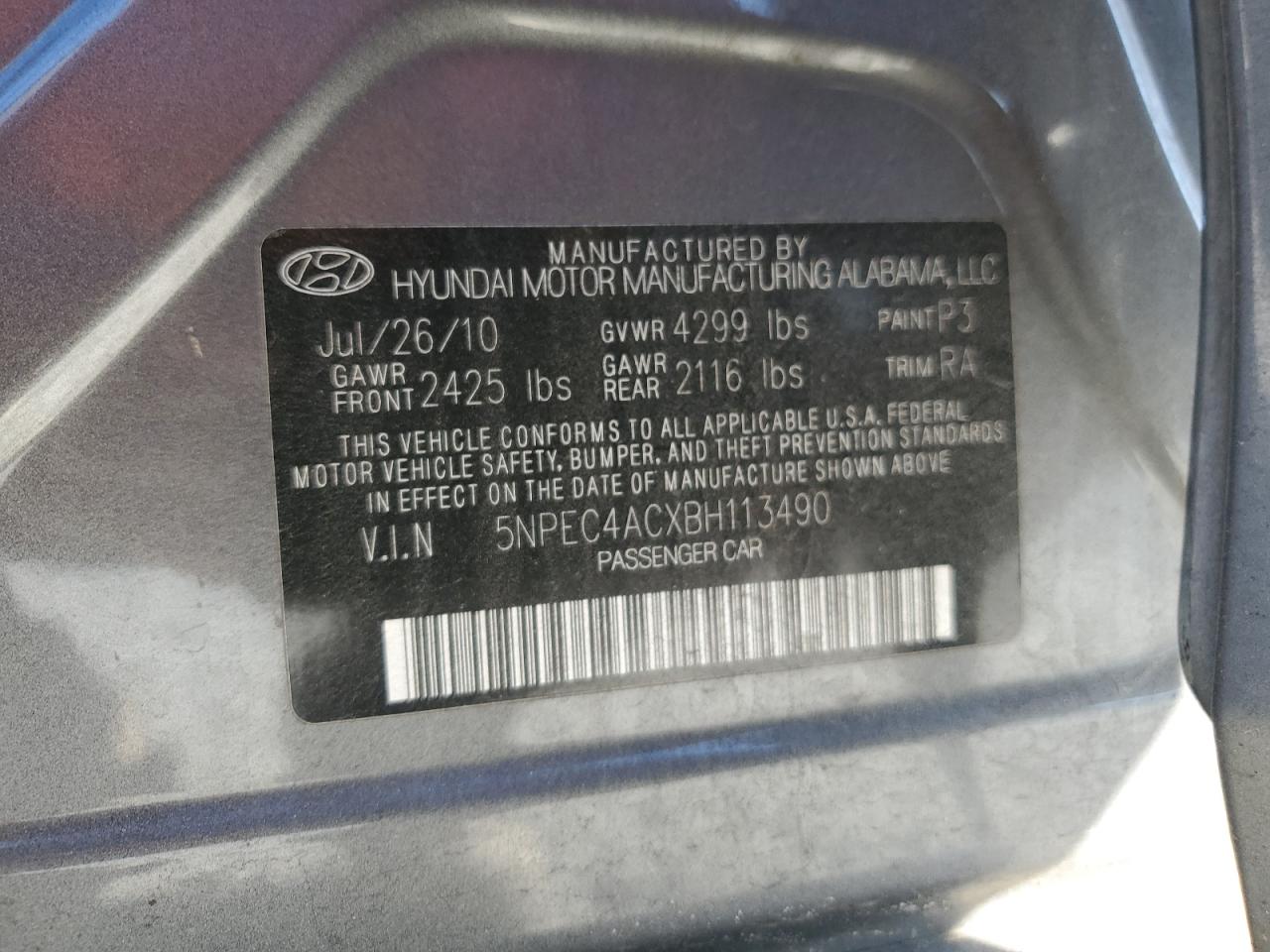 2011 Hyundai Sonata VIN 5NPEC4ACXBH113490 Copart auction photo, front end / rear end damage thumbnail 14