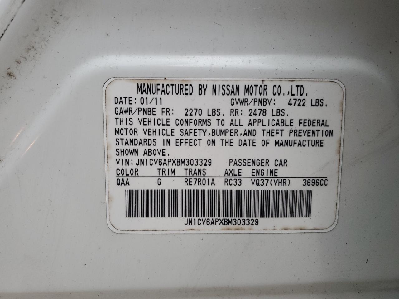 2011 Infiniti G VIN JN1CV6APXBM303329 Copart auction photo, undercarriage / minor dent/scratches damage thumbnail 12