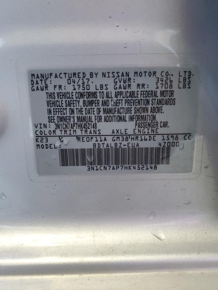 2017 Nissan Versa VIN 3N1CN7AP7HK452148 Copart auction photo, front end / minor dent/scratches damage thumbnail 13