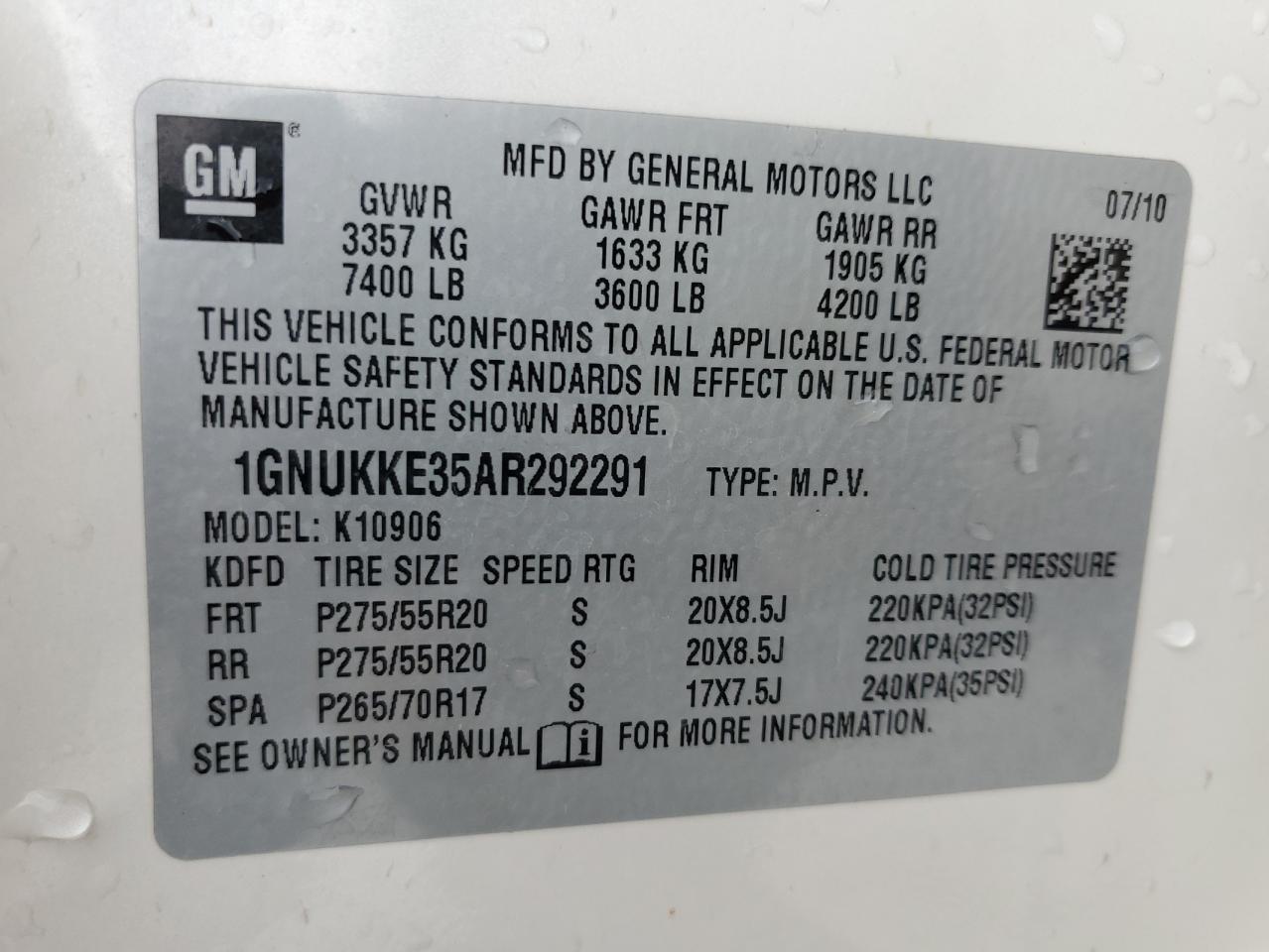 2010 Chevrolet Suburban VIN 1GNUKKE35AR292291 Copart auction photo, rear end / side damage thumbnail 13