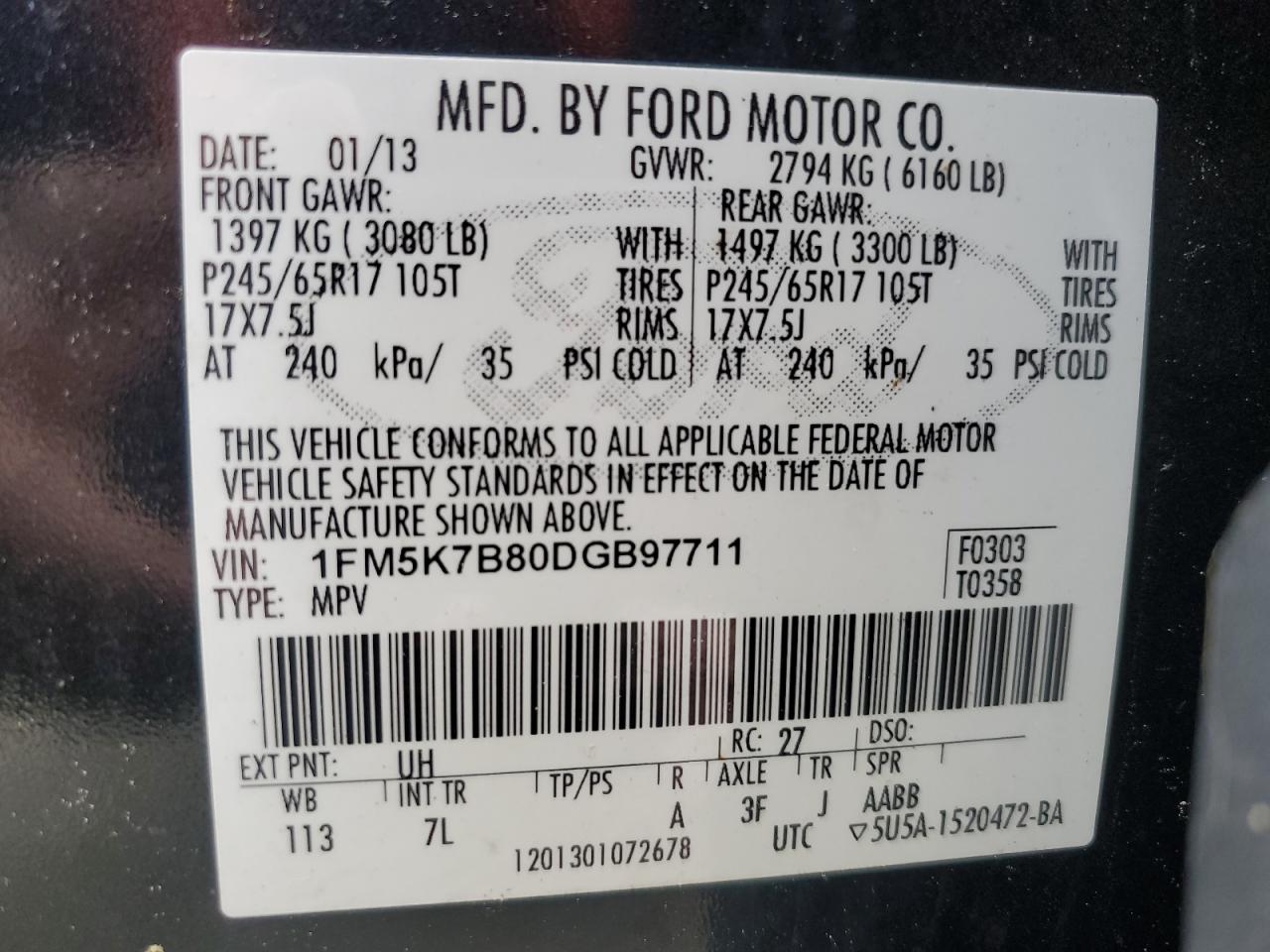 2013 Ford Explorer VIN 1FM5K7B80DGB97711 Copart auction photo, side / front end damage thumbnail 13