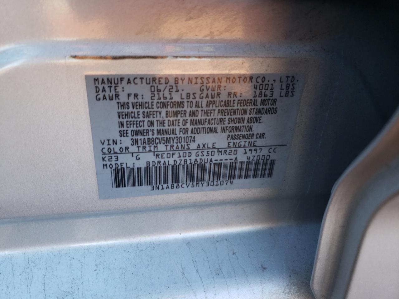 2021 Nissan Sentra VIN 3N1AB8CV5MY301074 Copart auction photo, front end damage thumbnail 14