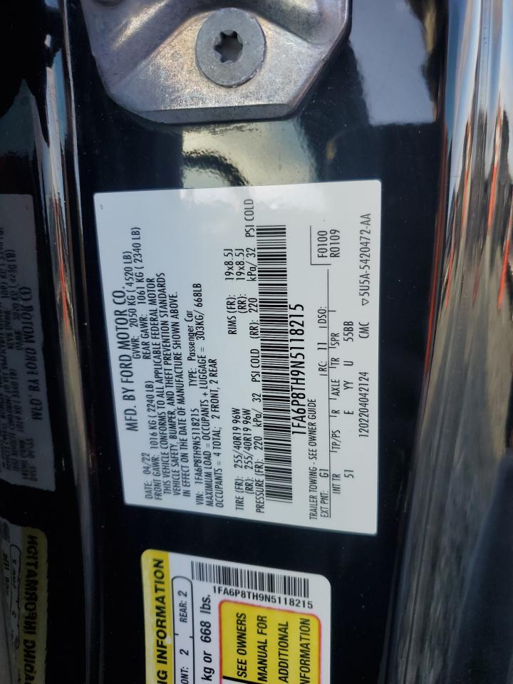 2022 Ford Mustang VIN 1FA6P8TH9N5118215 Copart auction photo, side / front end damage thumbnail 14