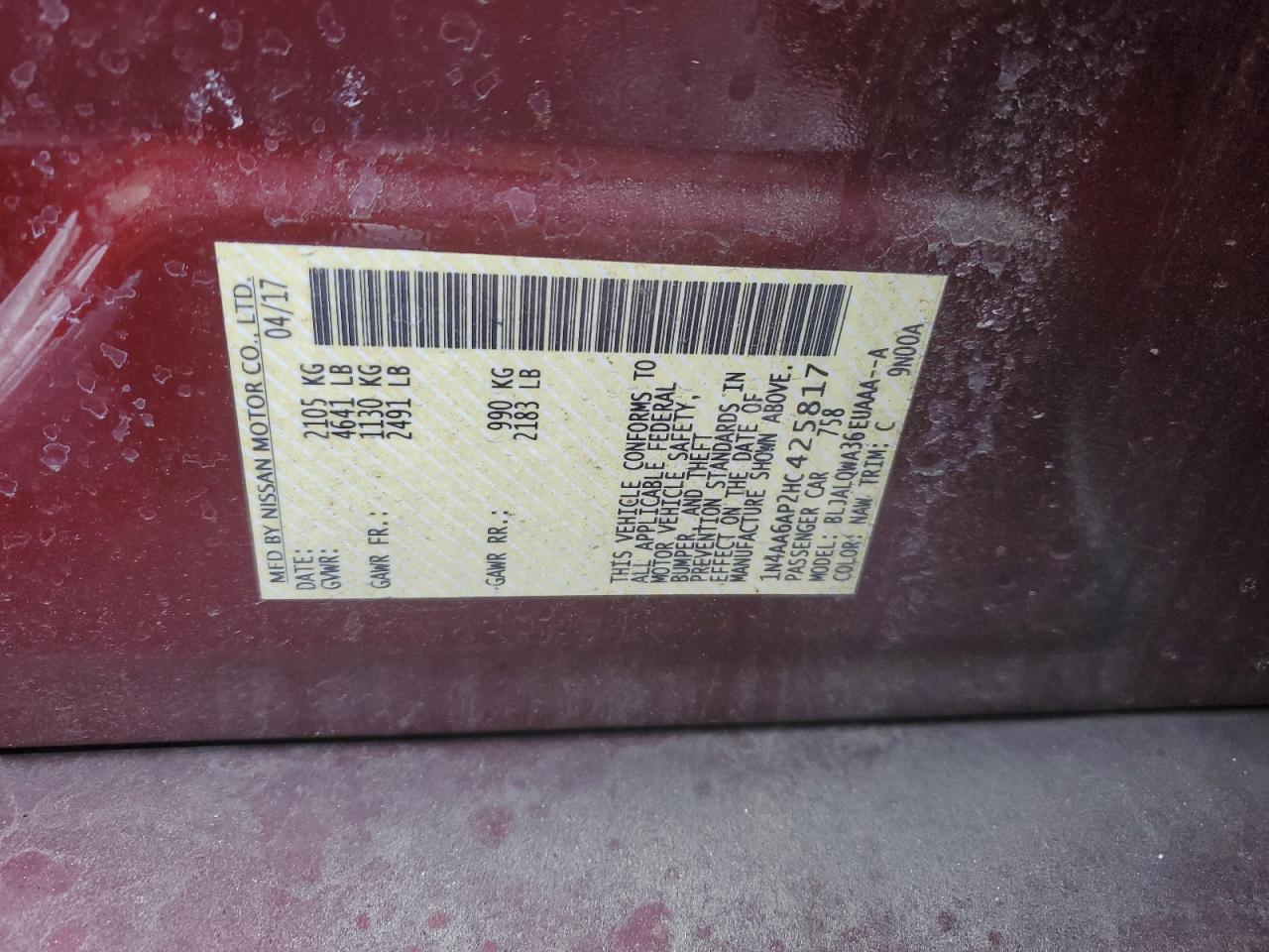 2017 Nissan Maxima VIN 1N4AA6AP2HC425817 Copart auction photo, rear end damage thumbnail 13
