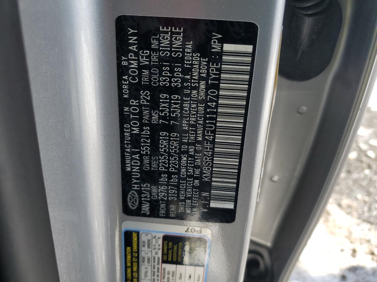 2015 Hyundai Santa Fe VIN KM8SR4HF4FU111470 Copart auction photo, rear end damage thumbnail 14