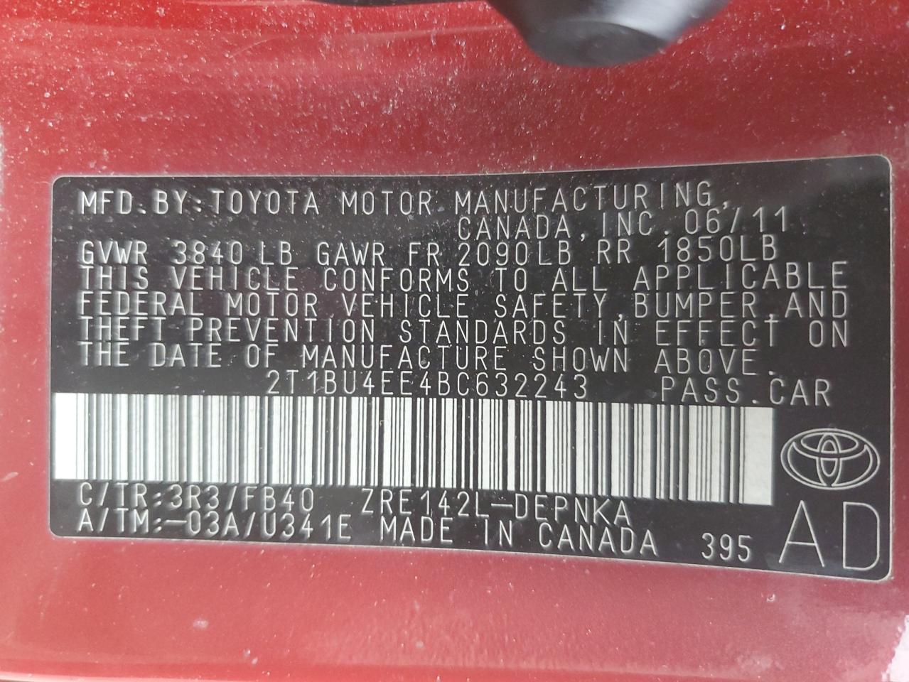 2011 Toyota Corolla VIN 2T1BU4EE4BC632243 Copart auction photo, unknown damage thumbnail 14