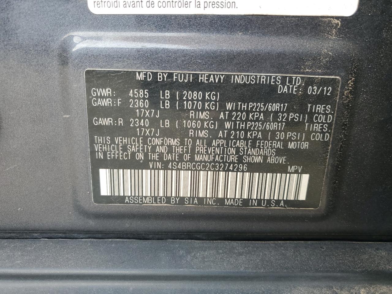 2012 Subaru Outback VIN 4S4BRCGC2C3274296 Copart auction photo, front end damage thumbnail 13