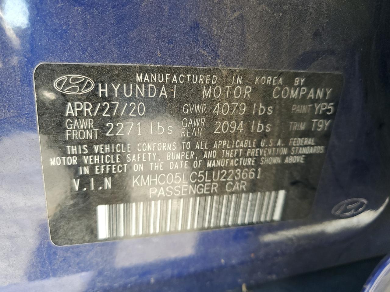 2020 Hyundai IONIQ VIN KMHC05LC5LU223661 Copart auction photo, all over damage thumbnail 12