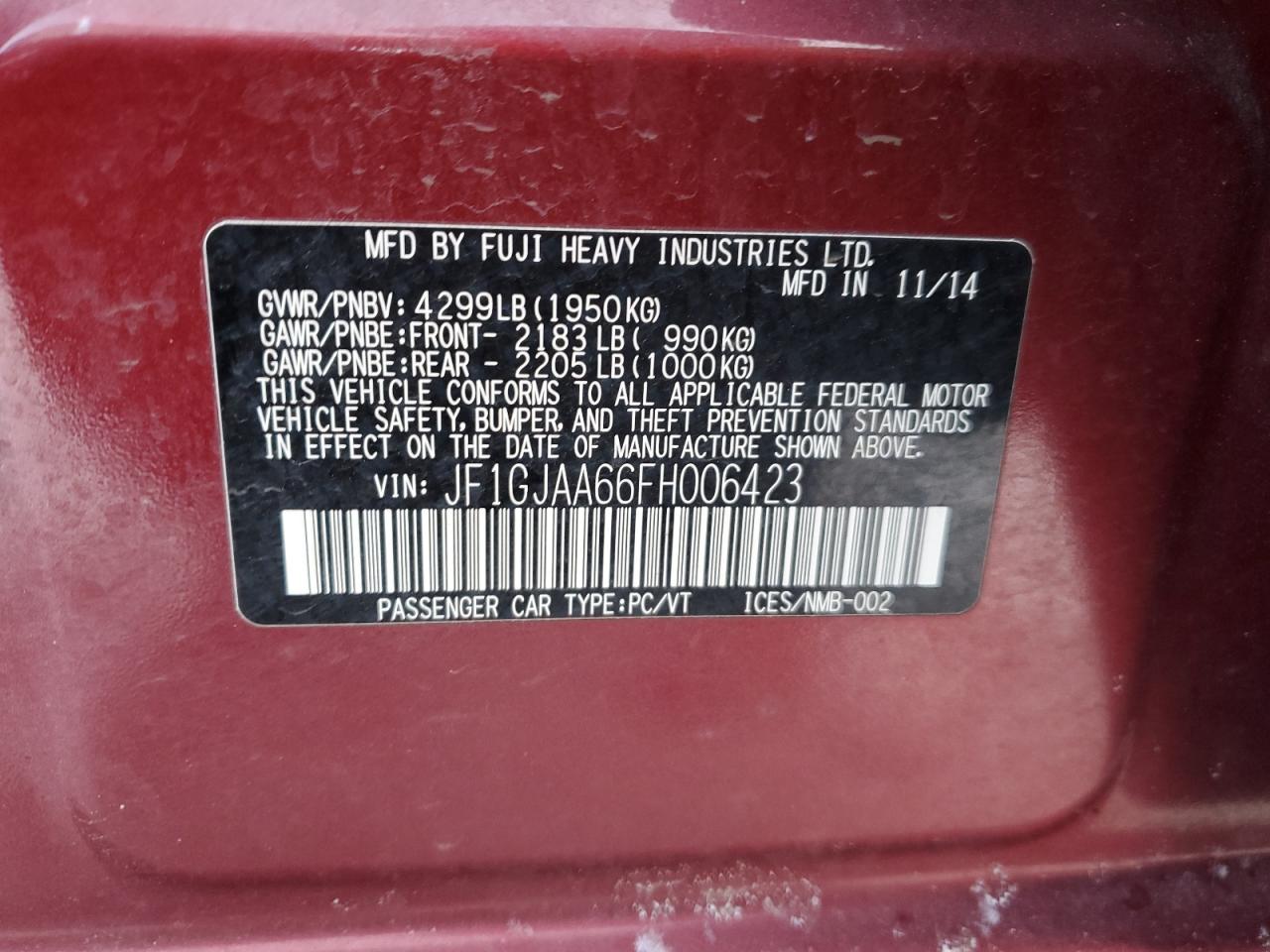 2015 Subaru Impreza VIN JF1GJAA66FH006423 Copart auction photo, front end damage thumbnail 12