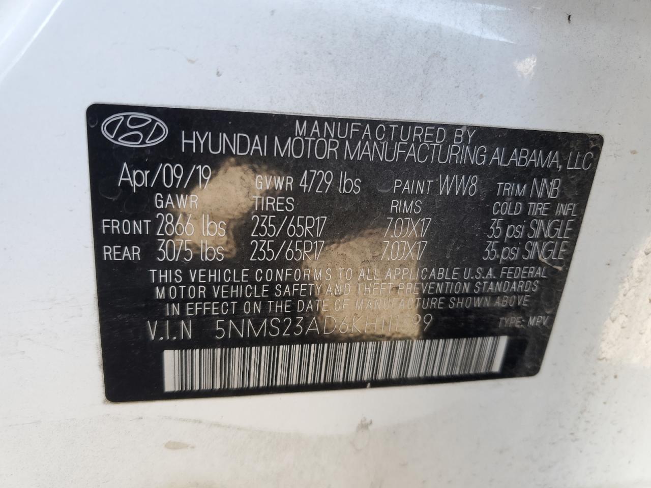 2019 Hyundai Santa Fe VIN 5NMS23AD6KH111399 Copart auction photo, front end damage thumbnail 12