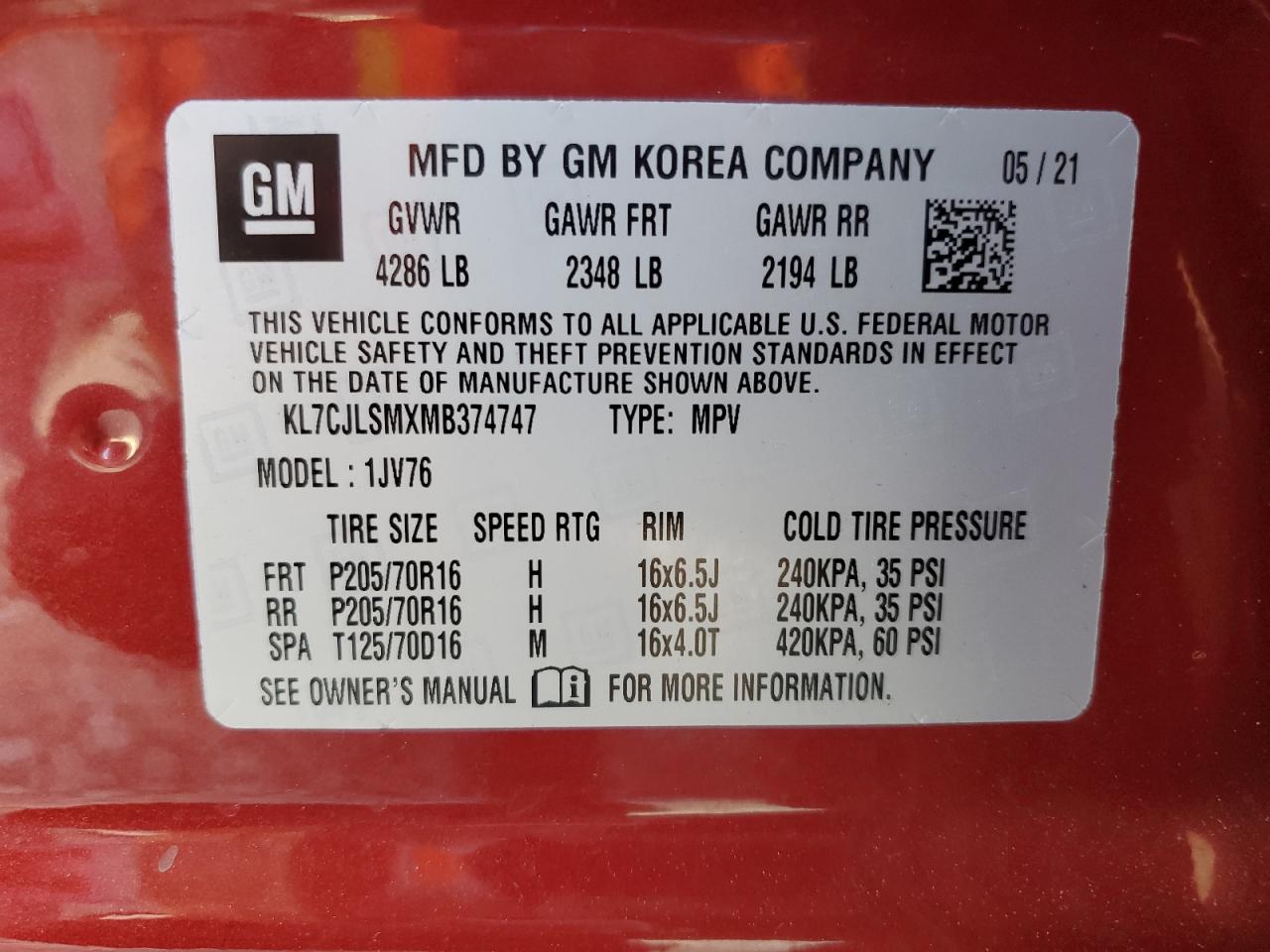 2021 Chevrolet Trax VIN KL7CJLSMXMB374747 Copart auction photo, front end damage thumbnail 14