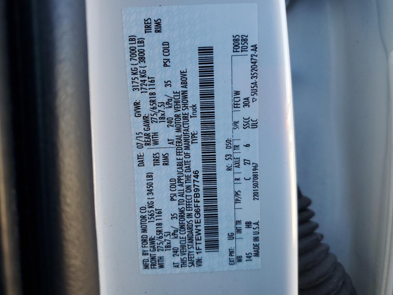 2015 Ford F-150 VIN 1FTEW1EG6FFB97746 Copart auction photo, front end damage thumbnail 12