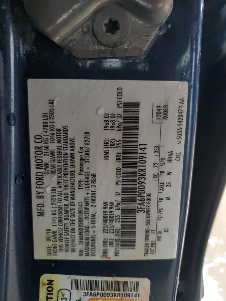 2019 Ford Fusion VIN 3FA6P0D93KR109141 Copart auction photo, side / front end damage thumbnail 12