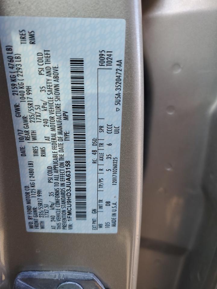 2018 Ford Escape VIN 1FMCU9HD3JUA63158 Copart auction photo, front end / mechanical damage thumbnail 13