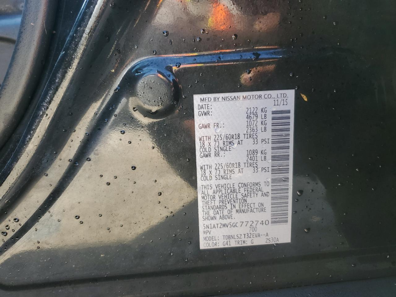2016 Nissan Rogue VIN 5N1AT2MV5GC772740 Copart auction photo, water/flood damage thumbnail 14