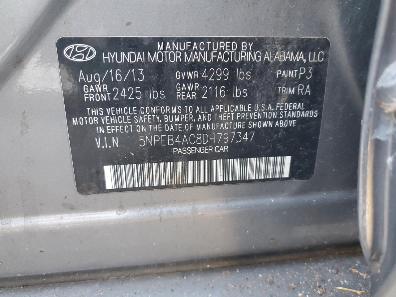 2013 Hyundai Sonata VIN 5NPEB4AC8DH797347 Copart auction photo, side damage thumbnail 12
