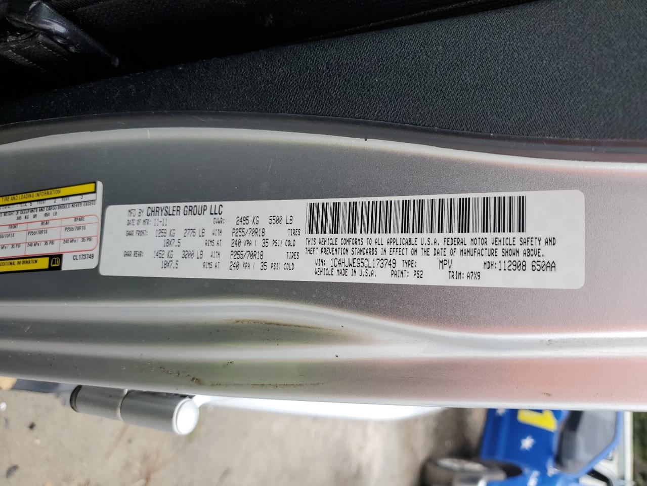 2012 Jeep Wrangler VIN 1C4HJWEG5CL173749 Copart auction photo, water/flood damage thumbnail 13