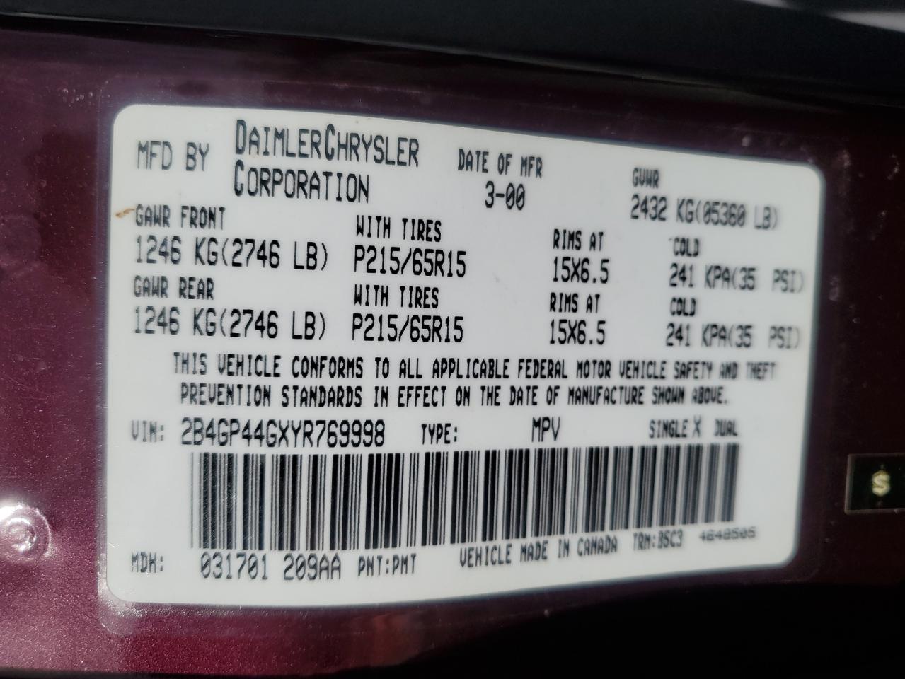 2000 Dodge Caravan VIN 2B4GP44GXYR769998 Copart auction photo, minor dent/scratches damage thumbnail 13