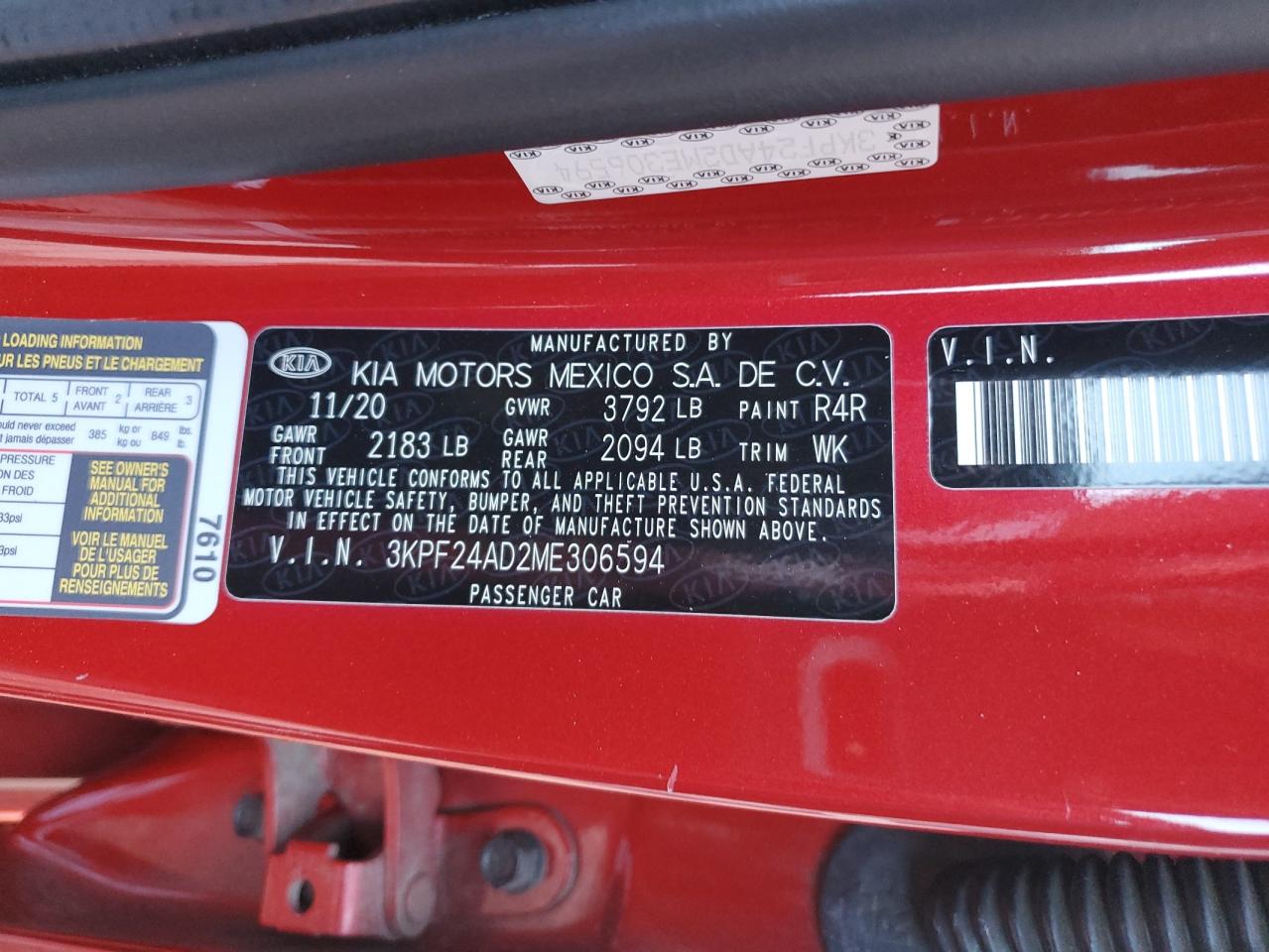 2021 KIA Forte VIN 3KPF24AD2ME306594 Copart auction photo, vandalism damage thumbnail 12