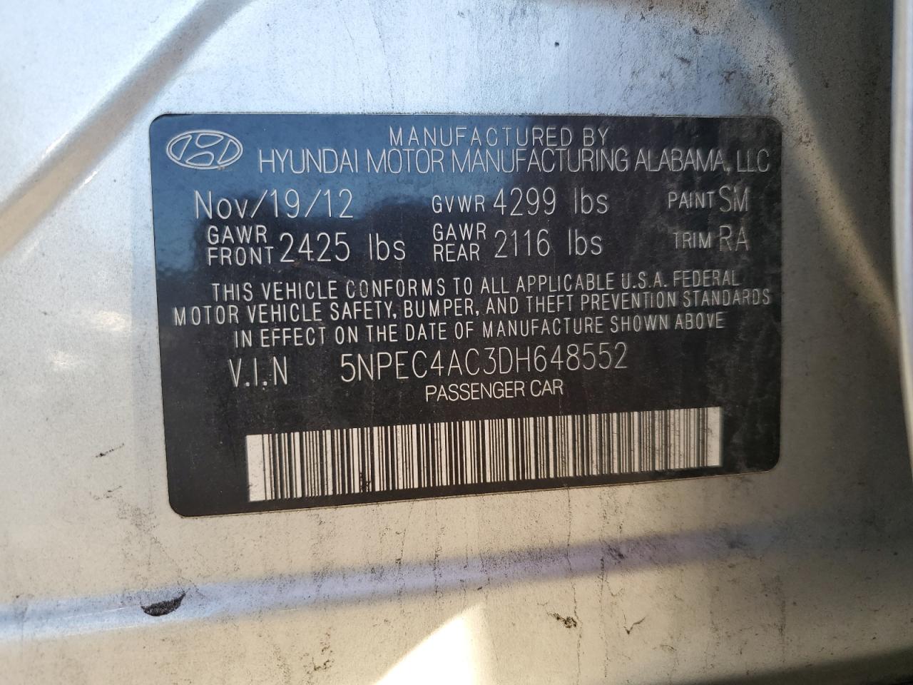 2013 Hyundai Sonata VIN 5NPEC4AC3DH648552 Copart auction photo, front end / side damage thumbnail 14