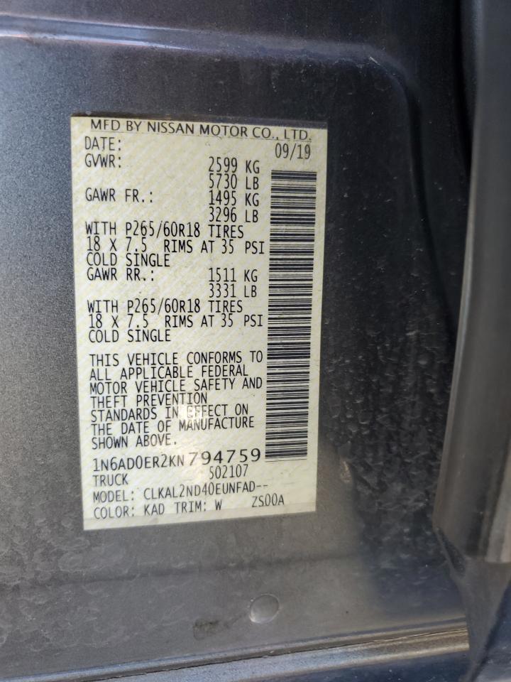 2019 Nissan Navara (Frontier) VIN 1N6AD0ER2KN794759 Copart auction photo, rollover damage thumbnail 12