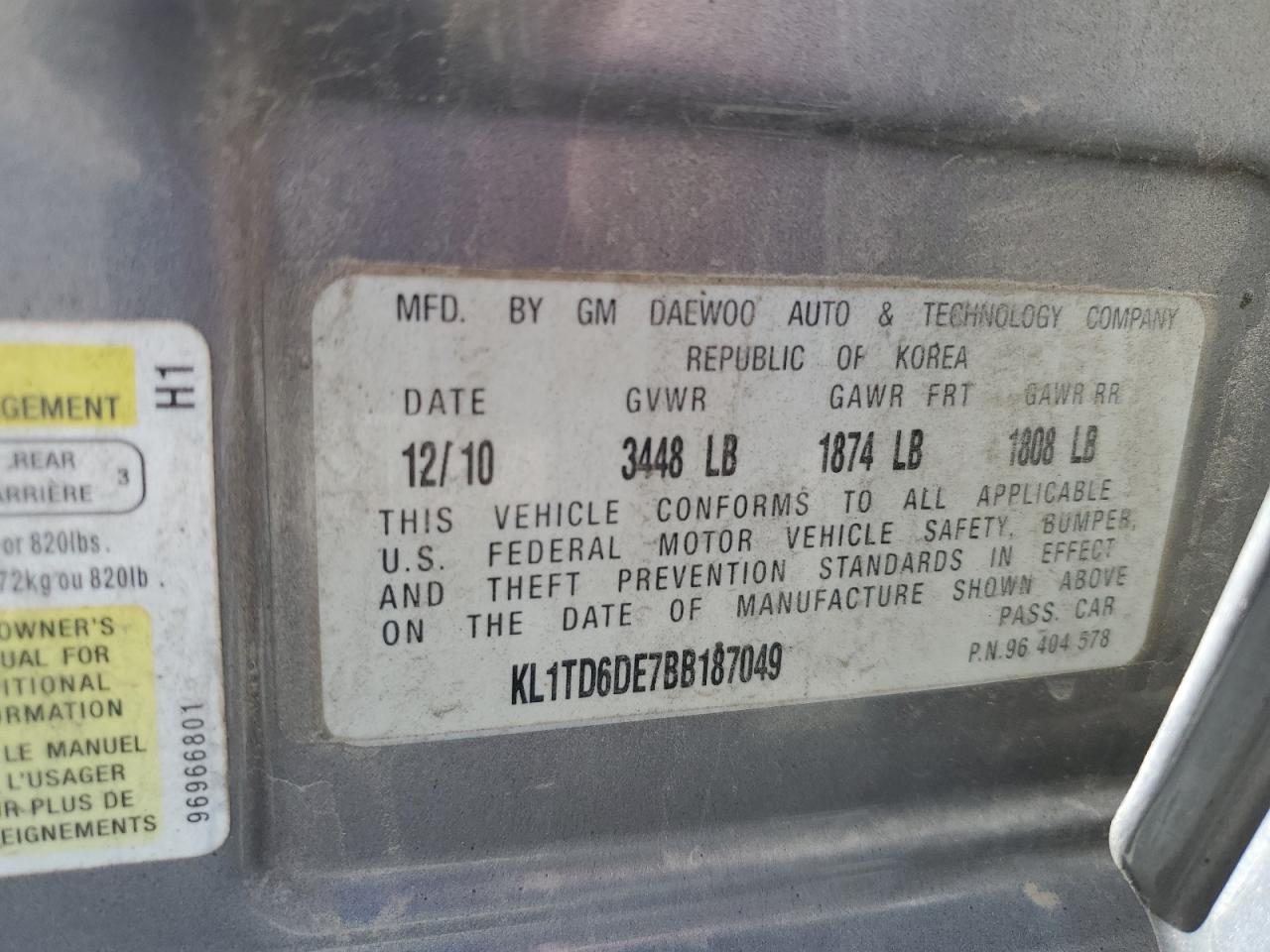 2011 Chevrolet Aveo VIN KL1TD6DE7BB187049 Copart auction photo, front end damage thumbnail 12