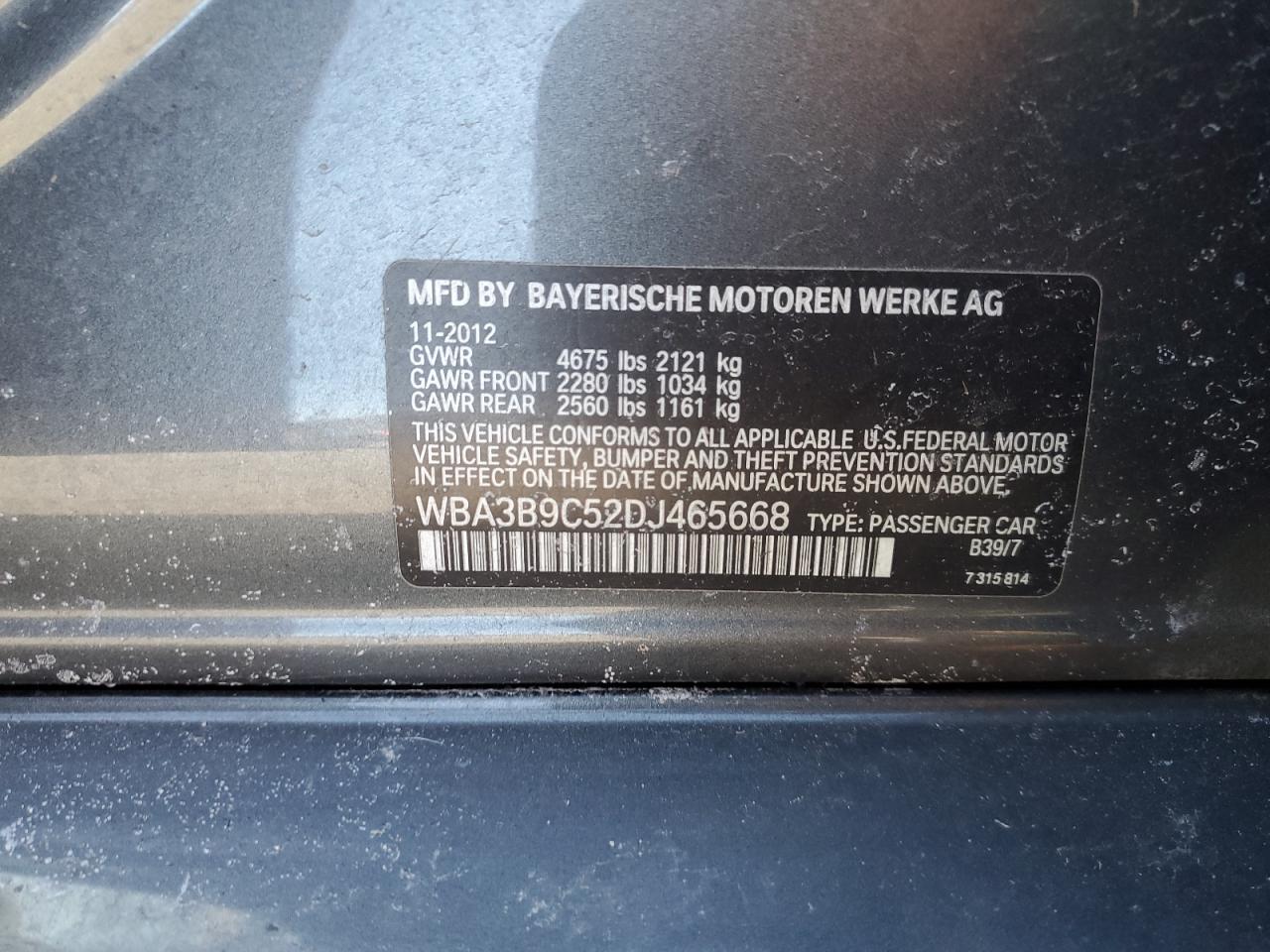 2013 BMW 3er VIN WBA3B9C52DJ465668 Copart auction photo, side / front end damage thumbnail 12