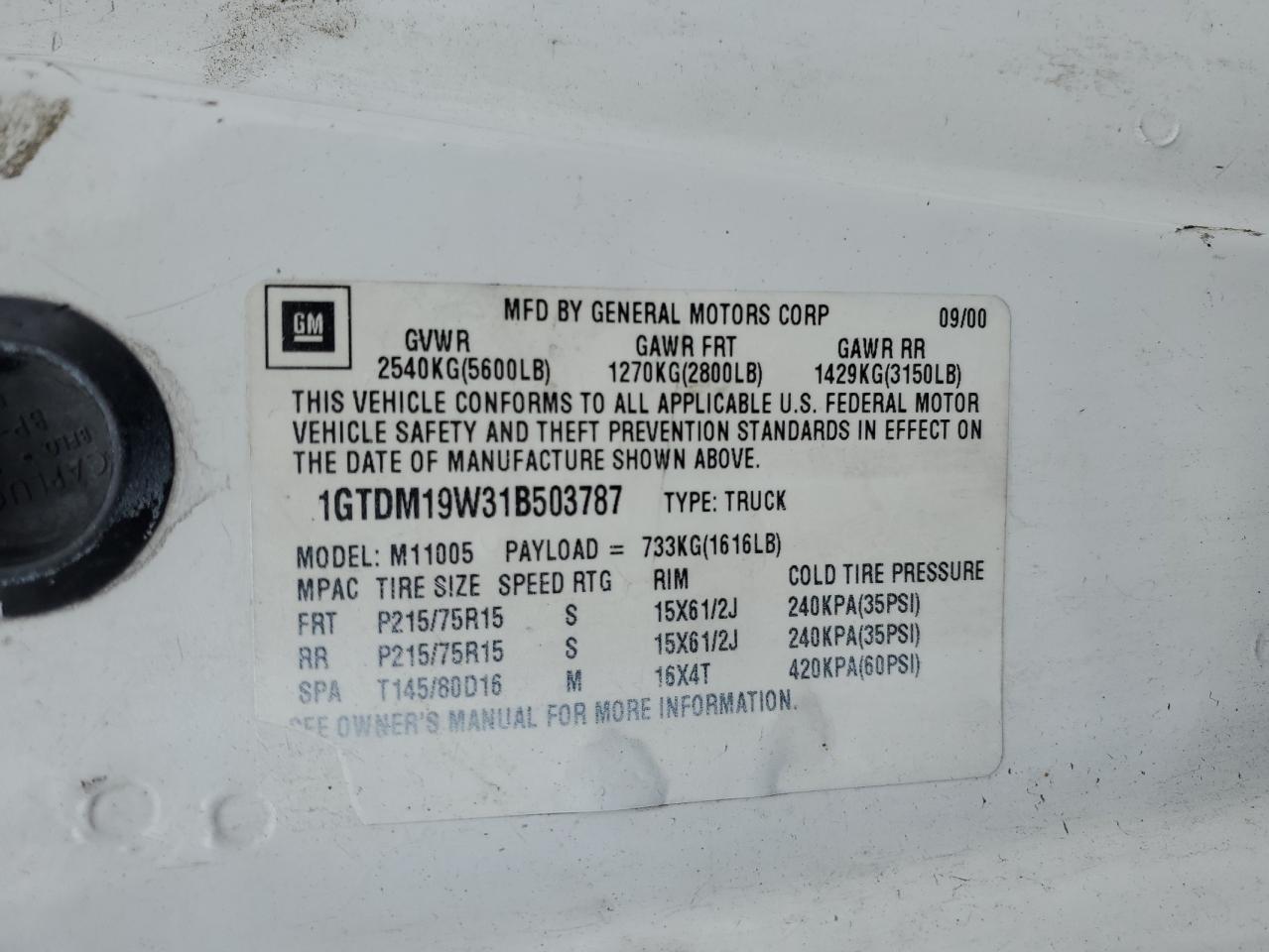 2001 GMC Safari VIN 1GTDM19W31B503787 Copart auction photo, side / rear end damage thumbnail 13