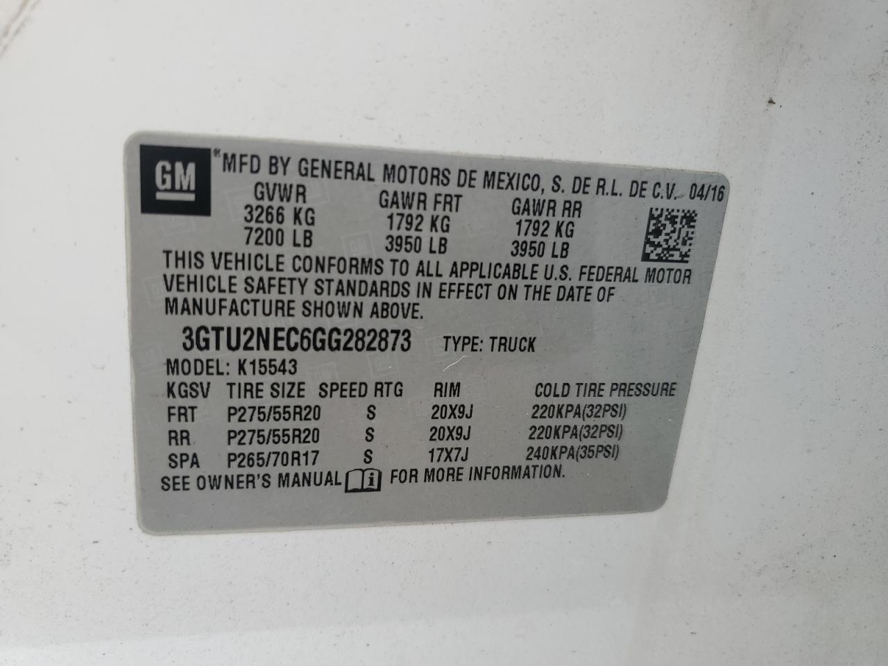 2016 GMC Sierra VIN 3GTU2NEC6GG282873 Copart auction photo, front end damage thumbnail 13
