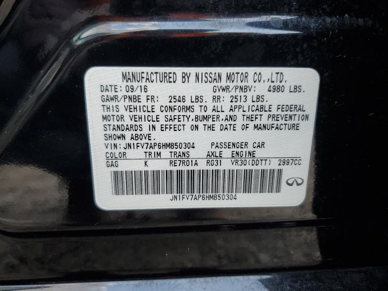 2017 Infiniti Q50 VIN JN1FV7AP6HM850304 Copart auction photo, vandalism damage thumbnail 12