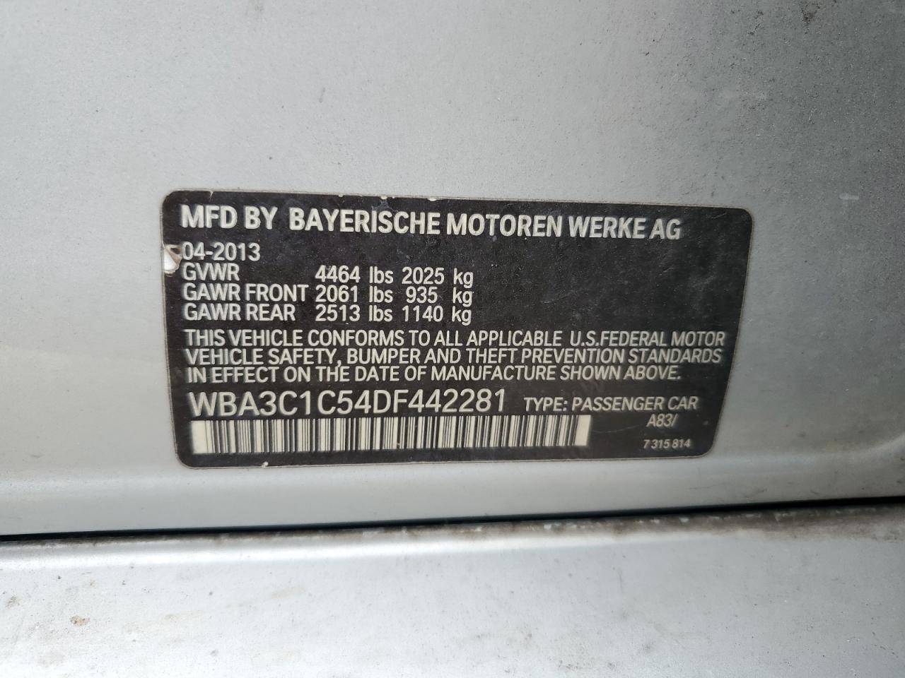 2013 BMW 3er VIN WBA3C1C54DF442281 Copart auction photo, front end / minor dent/scratches damage thumbnail 14