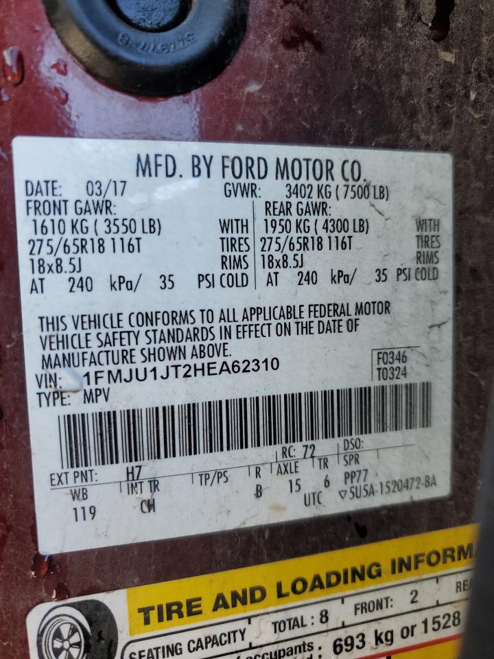 2017 Ford Expedition VIN 1FMJU1JT2HEA62310 Copart auction photo, front end damage thumbnail 14