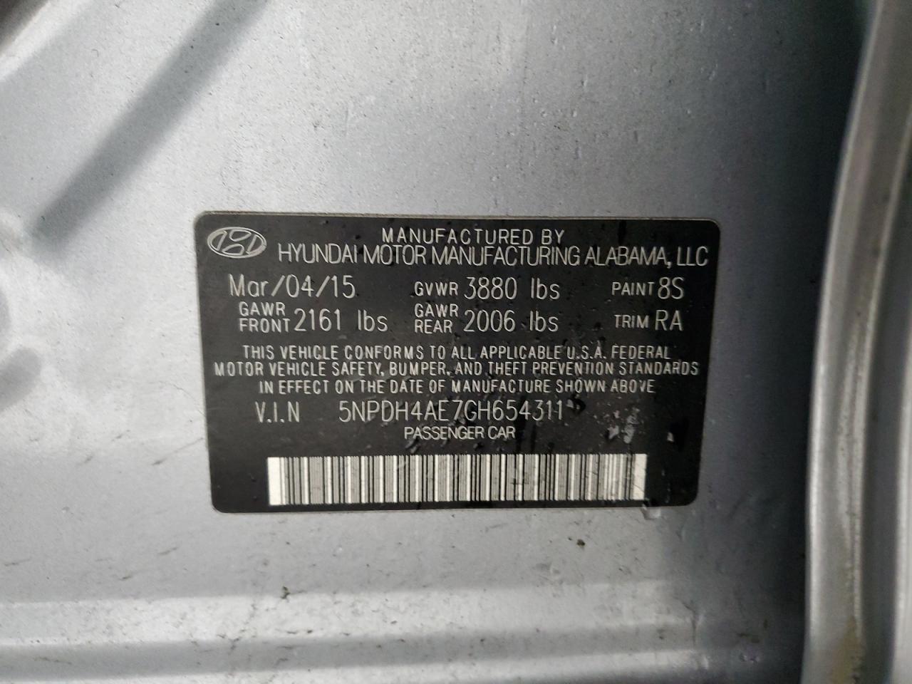 2016 Hyundai Elantra VIN 5NPDH4AE7GH654311 Copart auction photo, front end damage thumbnail 12