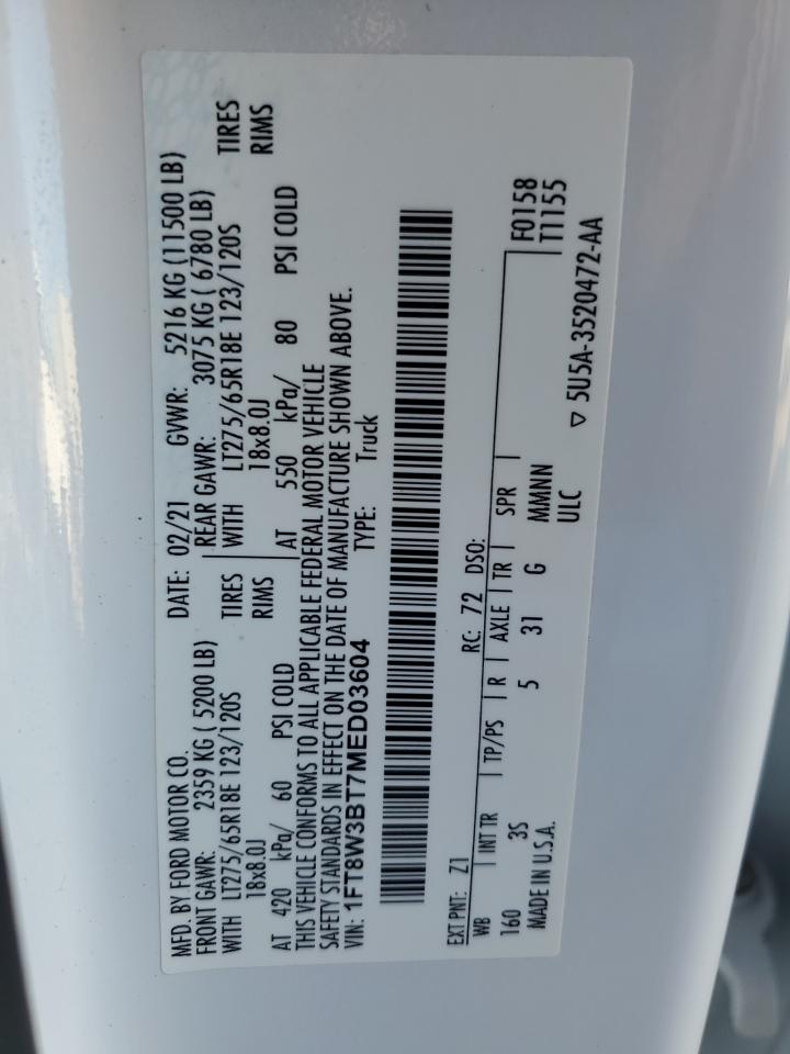 2021 Ford F350 VIN 1FT8W3BT7MED03604 Copart auction photo, front end damage thumbnail 14