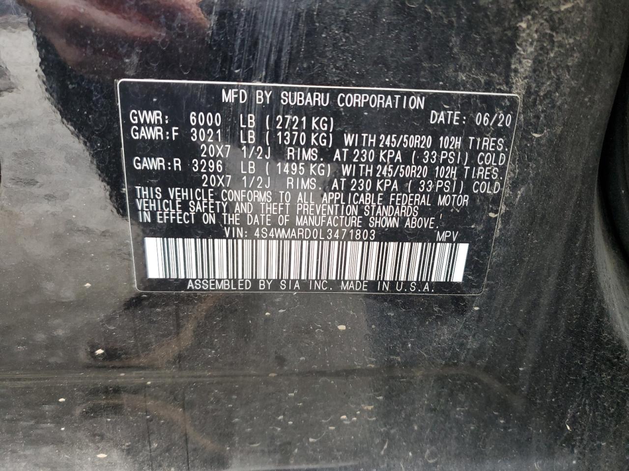 2020 Subaru Ascent VIN 4S4WMARD0L3471803 Copart auction photo, side damage thumbnail 13