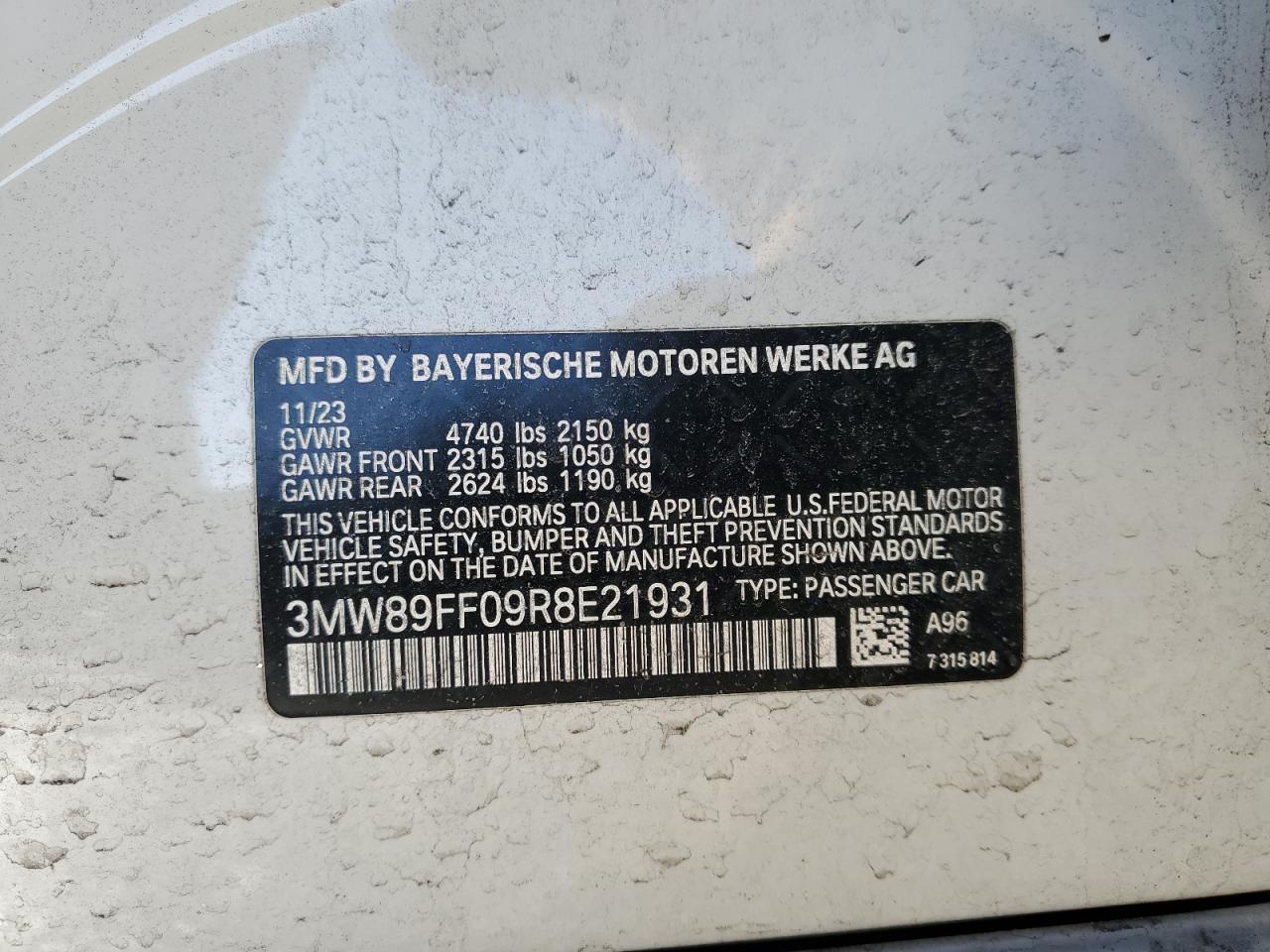 2024 BMW 3er VIN 3MW89FF09R8E21931 Copart auction photo, front end / side damage thumbnail 13