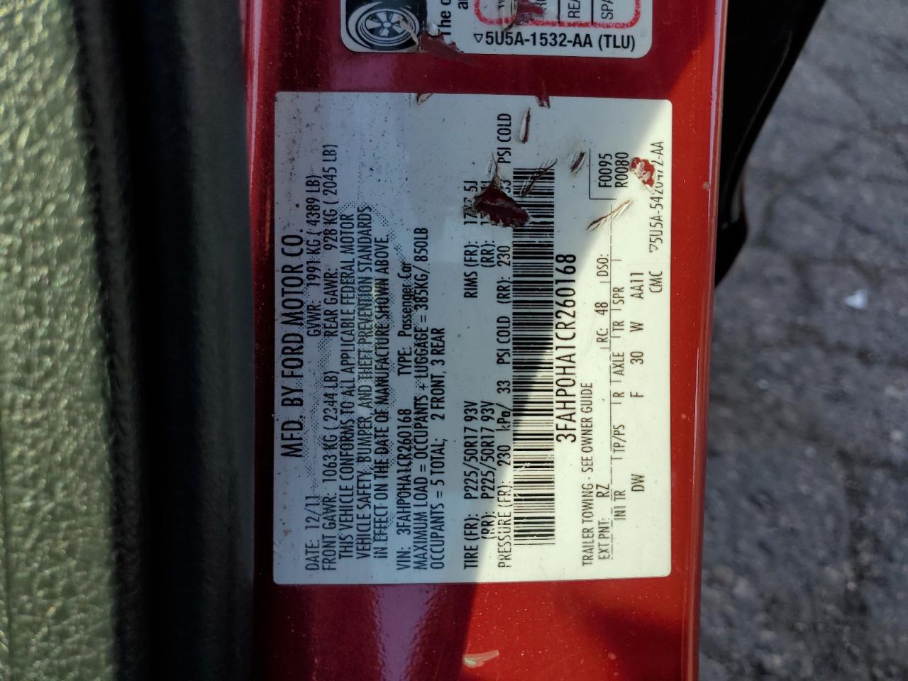 2012 Ford Fusion VIN 3FAHP0HA1CR260168 Copart auction photo, front end / rear end damage thumbnail 12