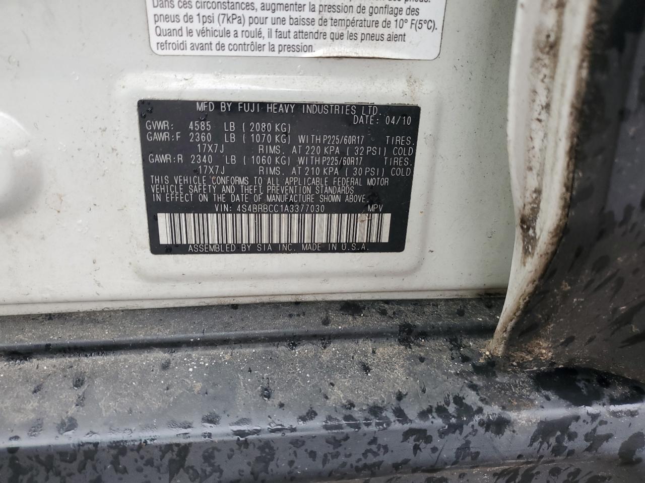 2010 Subaru Outback VIN 4S4BRBCC1A3377030 Copart auction photo, biohazard/chemical damage thumbnail 13