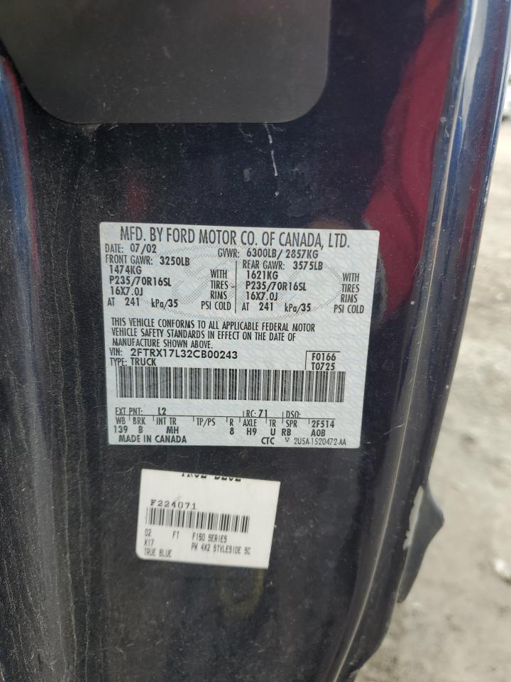 2002 Ford F-150 VIN 2FTRX17L32CB00243 Copart auction photo, undercarriage / mechanical damage thumbnail 13