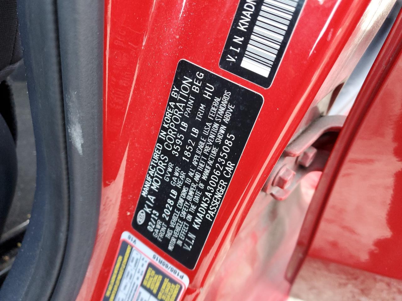 2013 KIA Rio VIN KNADN5A30D6235085 Copart auction photo, all over damage thumbnail 12