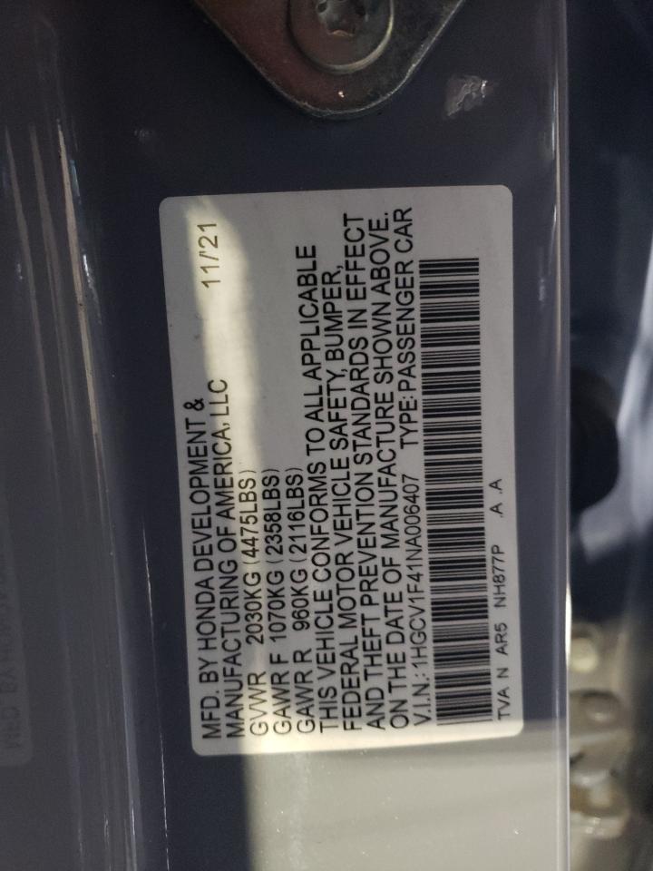 2022 Honda Accord VIN 1HGCV1F41NA006407 Copart auction photo, front end / minor dent/scratches damage thumbnail 12