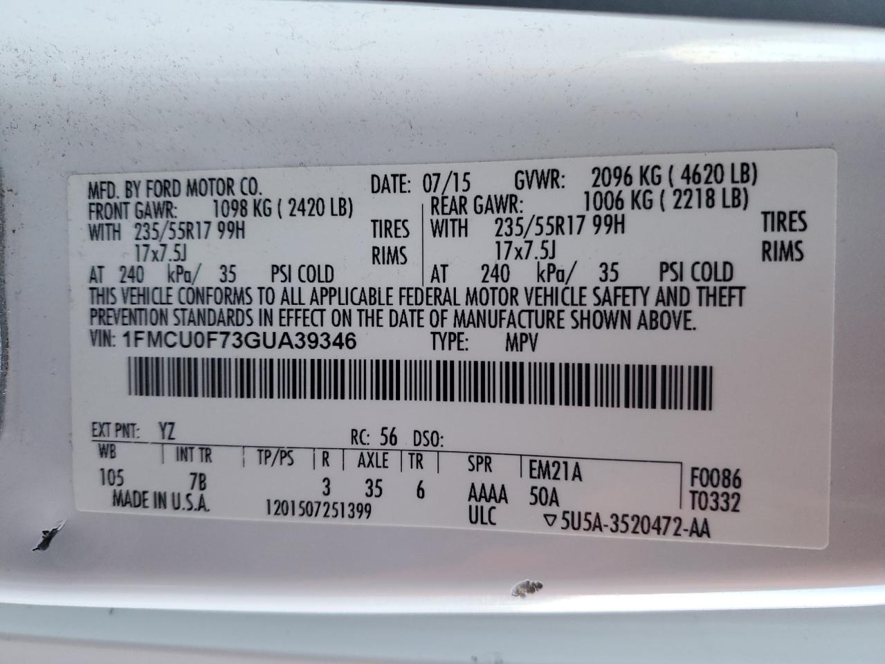 2016 Ford Escape VIN 1FMCU0F73GUA39346 Copart auction photo, front end damage thumbnail 13